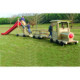 Locomotive + Poutre équilibre fixe + wagon banquette + passerelle souple + wagon toboggan
